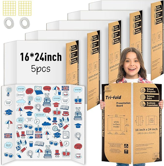 5 Pack Trifold Poster Board 24 X 16 Inch, IKAYAS White Poster Boards, Project Boards Presentation Boards Science Fair Display Boards for Prints, Art, Display, Projects Classroom Supplies