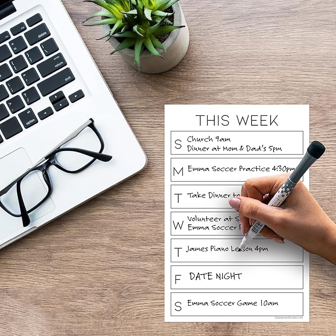 Dry Erase Weekly Calendar Planner Sticker Decal | Removable & Reusable | Magnetic Fine-Tip Marker Included (6 x 9 inches, White)