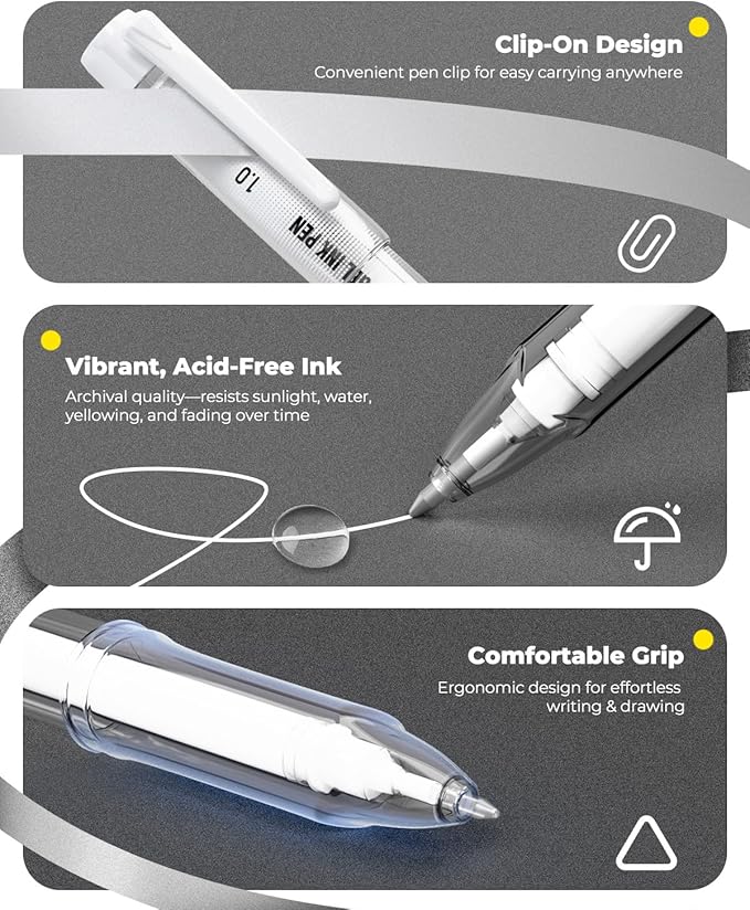 JusArt White Pen, Gold Pens & Silver Pen with 0.4mm, 0.5mm & 1.0mm Assorted Tips, Opaque Ink Pens for Black Paper, Journaling & DIY Crafts, Ideal Drawing Pens for Artists & Art Supplies, 5 Pack