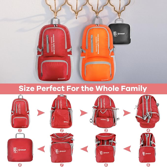 ZOMAKE Lightweight Packable Backpack, Water Resistant Foldable Daypack 35L | Light Hiking Backpacks Collapsible Day Pack for Travel, Everyday Carry, Multi Compartment Storage, Adjustable Strap (Red)