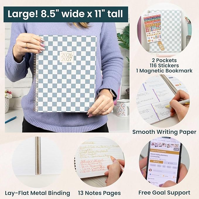 bloom daily planners 2026-2027 Planner (8.5” x 11") 13 Month Academic Year Organizer (July 2026 - July 2027) - Weekly & Monthly Agenda Book with Stickers & Tabs - Checkered