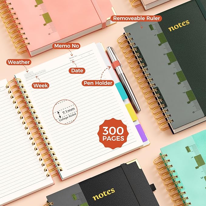 Line Hardcover Spiral Notebook with Removable Dividers Tabs & Ruler, 5 Subject Notebook College Ruled, 300 Page, Large 8"x10" B5 Notebooks for Work School, Lined Journal for Women & Men, Green