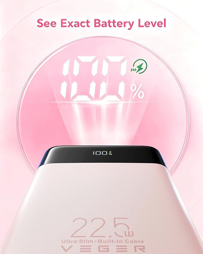 VEGER 22.5W Fast Charging Portable Charger, Slim 10000mAh Power Bank with Built-in Cables, Small USB C Battery Pack for iPhone iPad Samsung Galaxy Pixel LG Moto, Flight Safe, Travel Essential, Pink