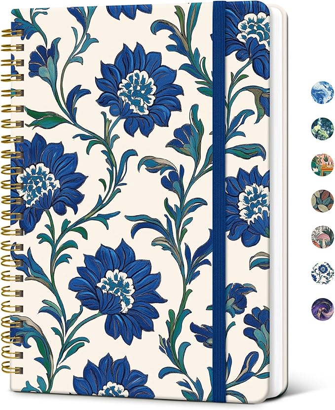 Taja Lined Spiral Journal Notebook for Women, A5 Cute College Ruled Hardcover Notebook for Work & Note Taking, Pretty Journal for Writing, 140 Pages, Cobalt Florals
