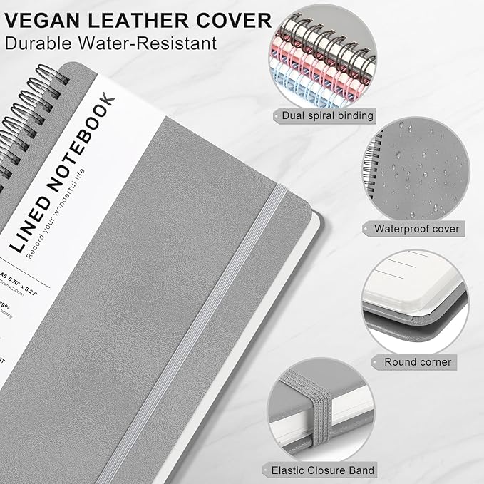 ABERLLS Lined Spiral Journal Notebook with 160 Pages, 8×5.7in, A5 Spiral Notebook, Journaling Notebooks for Work, School, Women, Men, College Ruled Spiral Notebook, Hardcover Leather Journals, Gray