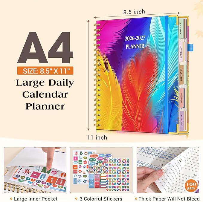 Planner 2026-2027, 18 Months Weekly and Monthly Daily Planner from January 2026 - June 2027, 8.5" x 11" A4 Large Hardcover Agenda Organizer Book 2026 with Tabs, Spiral Yearly Calendar Planners for School Work Home, Colorful Feather