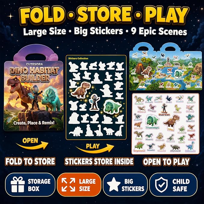 3 Sets Reusable Sticker Books for Toddlers 3-6, Jelly Sticker Book Toddler 1-3, Boys Books,Dinosaur City Ocean Waterproof Travel Toys for Kids Ages 3 4 5