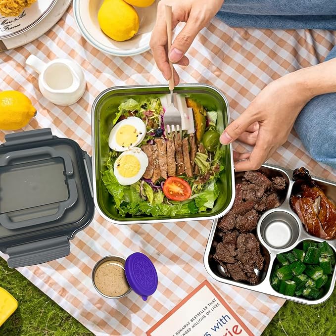 Salad Container for Lunch Stainless Steeel Salad Container 60-oz Salad Bowl with Lid 4-Compartment Bento-Style Tray, 1.5-oz Salad Dressing Container,Dishwasher, Microwave, and Oven Safe (Gray Lid)