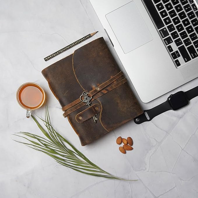 LEATHER VILLAGE Vintage Leather Journal – 200 Handmade Vintage Deckle Edge Paper – Leather bound Journal For Women Men – Vintage Key Closure - Book of Shadows - Cappuccino Brown - 13X8 inches