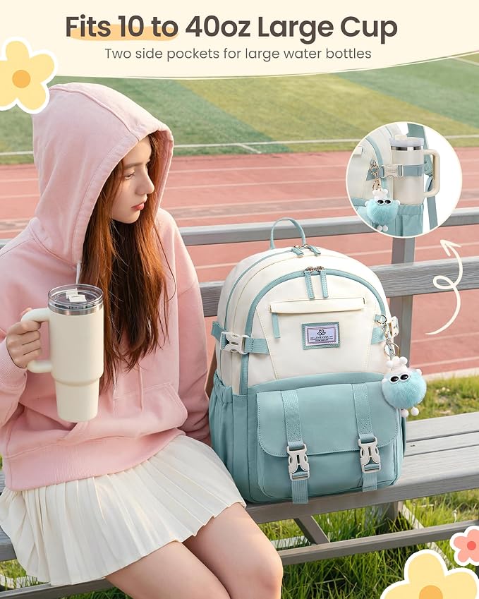 LOVEVOOK School Backpack for Teen Girls, Bookbag for 8-16 Student, Middle High College Back to School Cute Kids Backpack, 15.6 Inch, Mint Green-beige