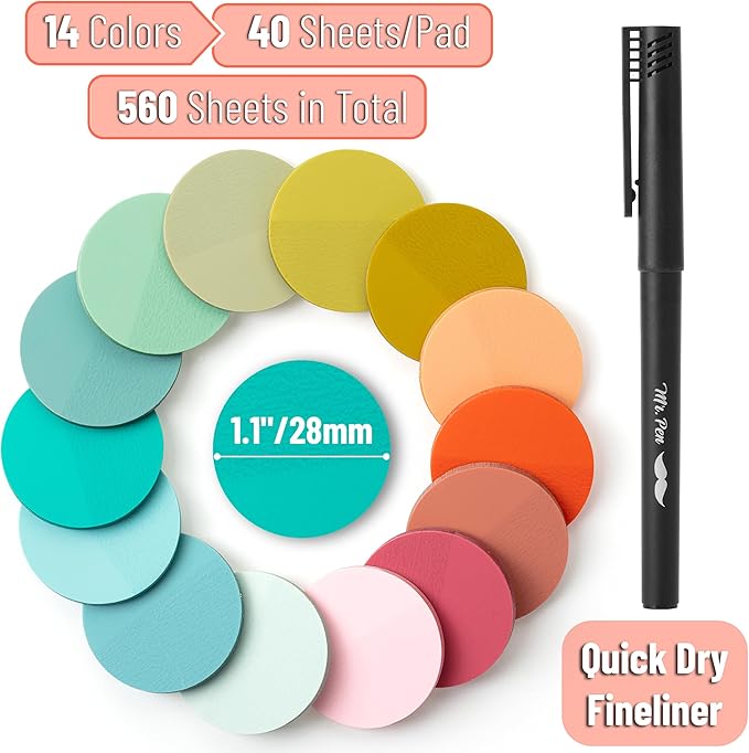 Mr. Pen- Round Transparent Sticky Notes, 1.1” Diameter, 14 Pads, 560 Sheets, Colorful, Water-Resistant See-Through Sticky Notes & Fineliner, Smooth Writing, Note Tabs for Bible Journaling, Studying