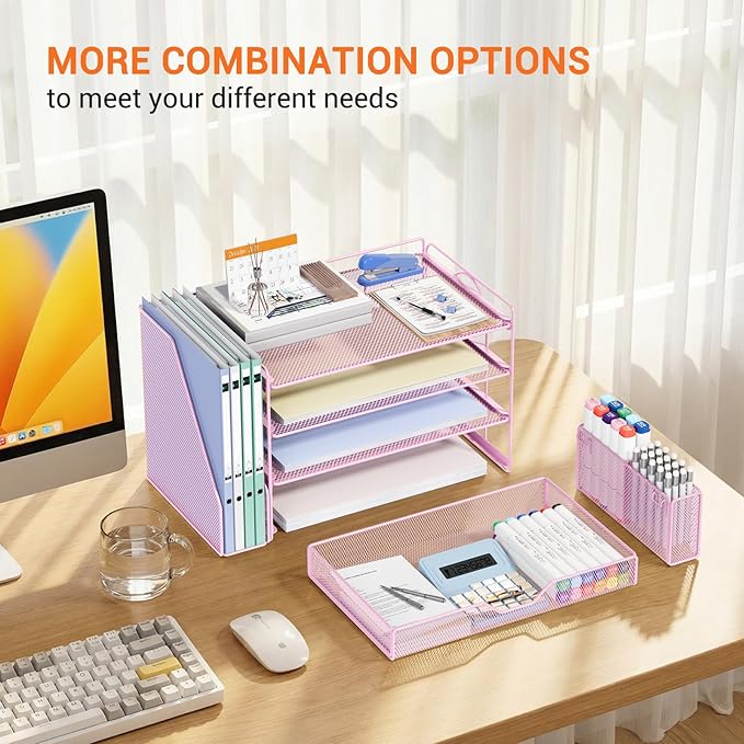 OPNICE 4-Tier Desk Organizer with Drawer & Pen Holder, Office Desk Accessories and Office Decor for Women, Paper Tray File Organizer for Home Office Workspace Supplies, Pink