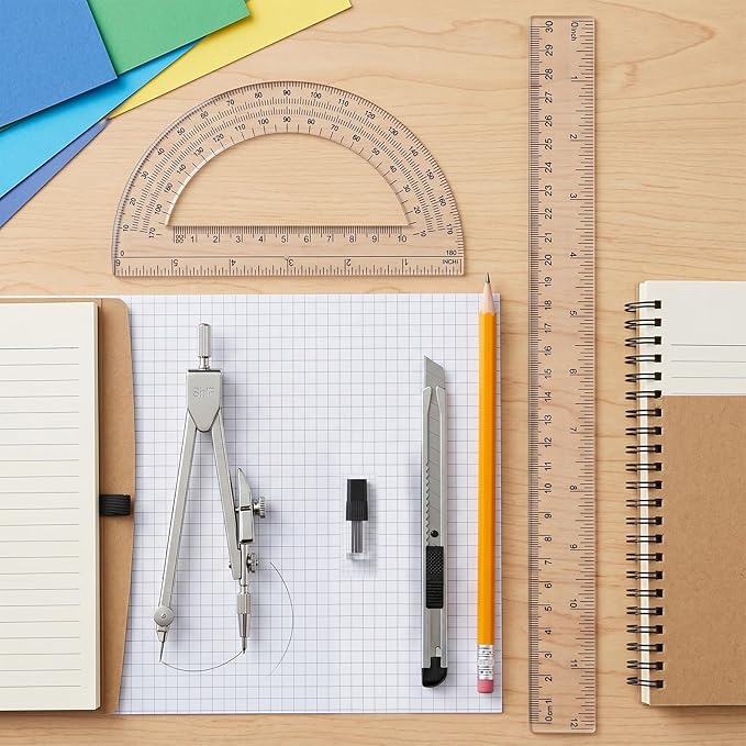 3Pcs Clear Protractor and Compass Set, Plastic Ruler, 12" Plastic Ruler with 180 Degree Protractor and Stainless Steel Compass Geometry Tool for Students, Office Use