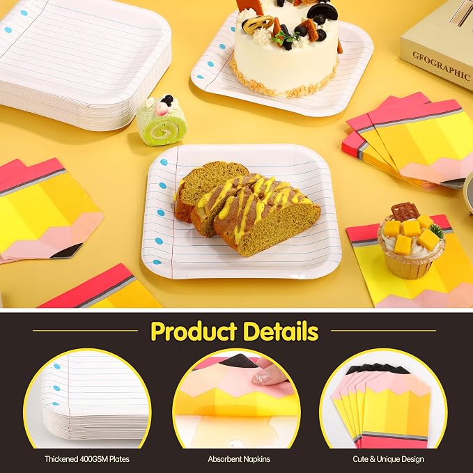 Kochorie 100 PCS Back to School Paper Plates and Napkins Set Serves 50 Dispsable Notebook Plates First Day of School Dinnerware Set for Kindergarten Preschool Classroom Composition Party Decor