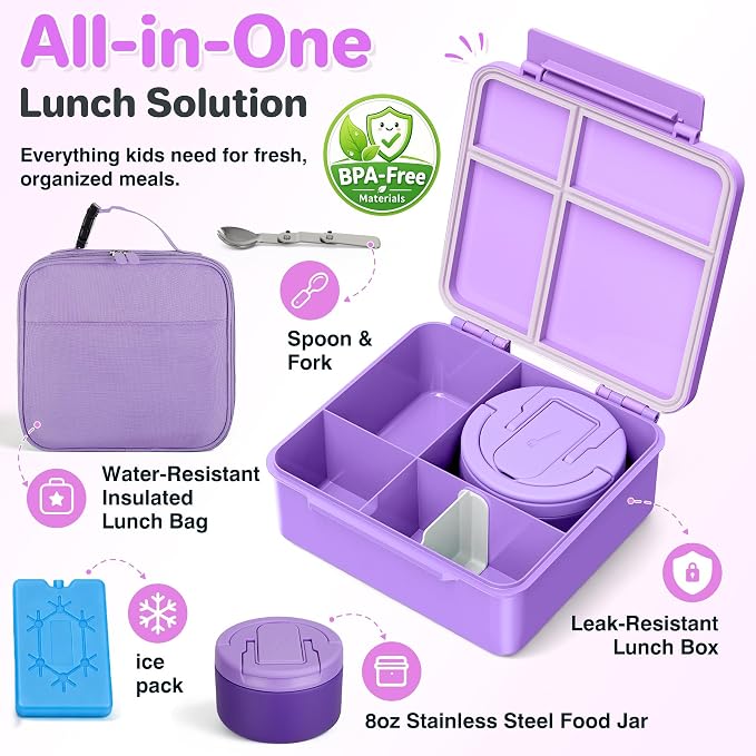 Bento Lunch Box with 8oz Soup Thermo,Kids Leakproof 4 Compartment Lunch Food Containers with Sauce Cup and Ice Pack,Kids Thermo Insulated Hot Food Jar and Lunch Bag for School,Trvael-Purple