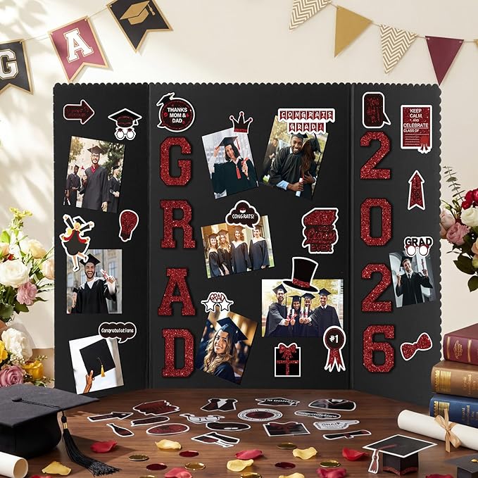 MiniInflat 4 Set 2026 Graduation Picture Trifold Poster Board Double-Sided Foldable Photo Display Board Graduation Decoration for Class of 2026 High School College DIY Craft(Burgundy,24 x 16 Inches)