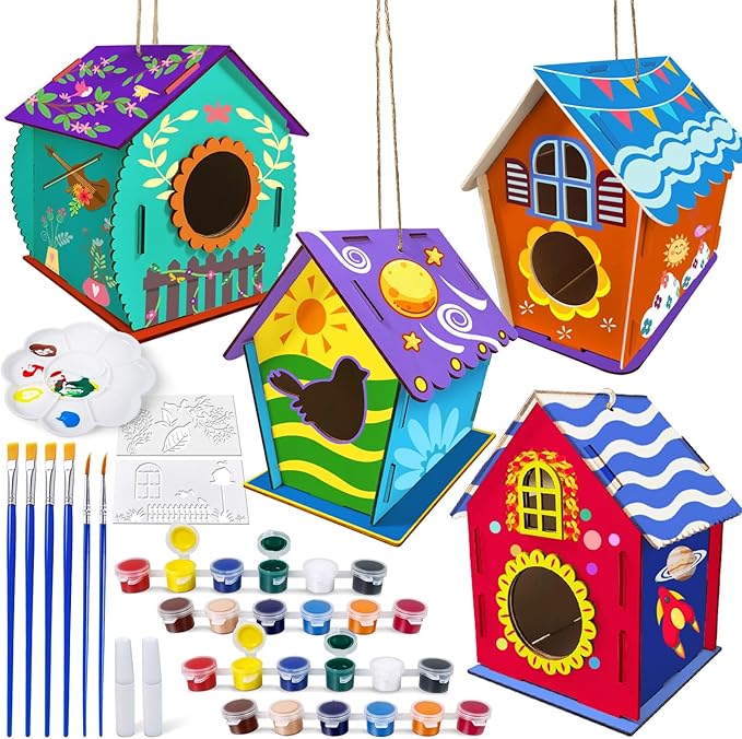 Heyzeibo 4Pack Birdhouse Kit, Craft Kits for Kids to Build and Paint Bird House, Easter DIY Wooden Arts and Crafts for Girls Boys Toddler