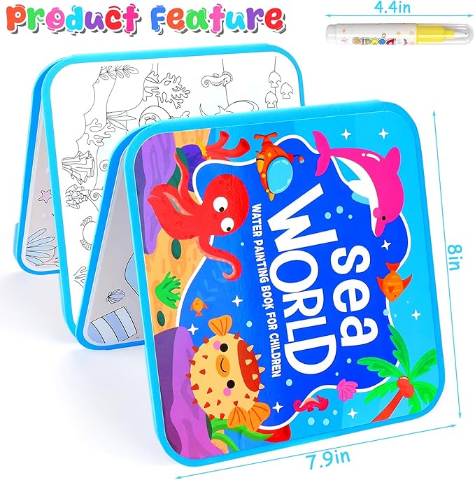 Vodolo Water Painting Book for Toddlers - 4 Pack Reusable Magic Water Coloring Book with 4 Water Pen, Mess Free Painting for Toddlers,No Mess Paint Coloring for Ages 3+ Travel Activity Toys