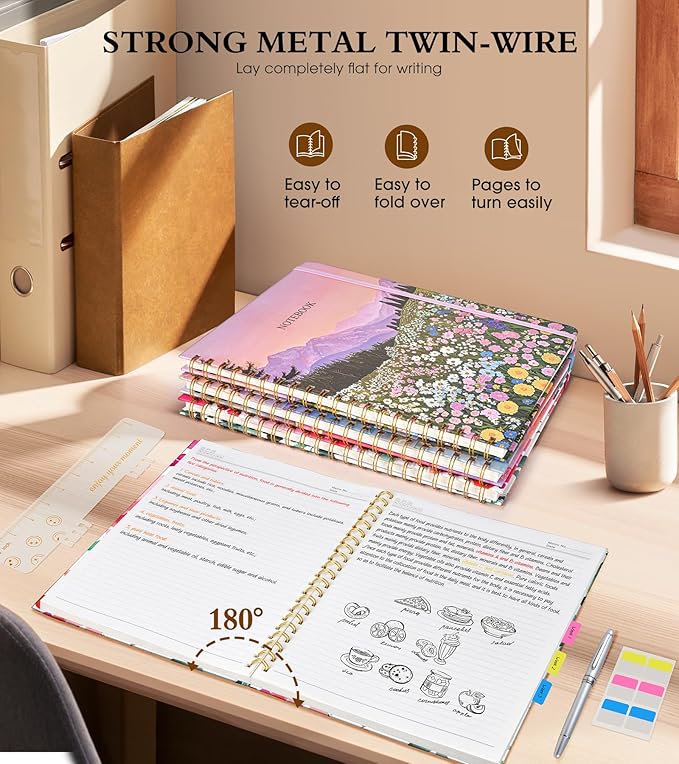 Spiral Notebook Journal 8.5” x 11”, A4 Large Notebooks for Women Men, College Ruled Lined Journal, 100 GSM Paper, Hardcover Spiral Bound Journals for Work School Note Taking, Watercolor Blooms