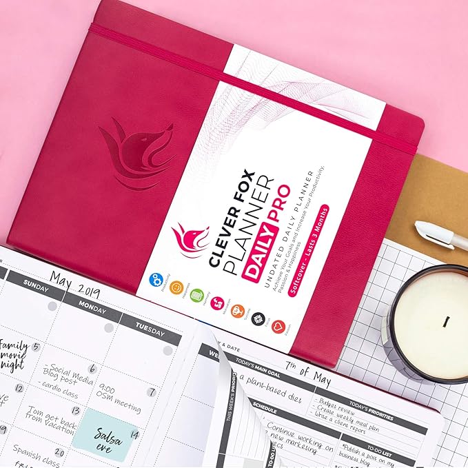 Clever Fox Planner Daily PRO - 8.5 x 11" A4 Size Daily Life Planner and Gratitude Journal to Increase Productivity, Time Management and Hit Your Goals - Undated - Lasts 3 Months (Dark Pink)