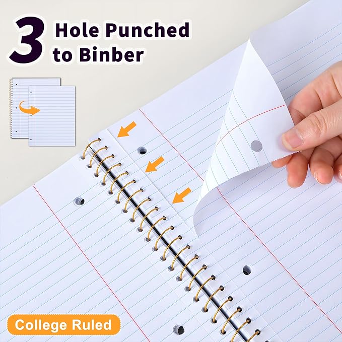 MUAHLIUB Spiral Notebook College Ruled Paper 8" x 10-1/2", 1 Subject Spiral Notebook, 3-Hole Punched Perforated Pages Ideal for School, Office, Writing, 95 Sheets Lined Journaling Notebook, Black