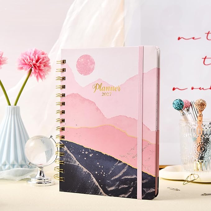 2027 Planner - 2027 Weekly and Monthly Planner Calendar, January 2027 - December 2027, 6.3" x 8.4", Back Pocket + Thick Paper + Twin-Wire Binding - Pink Moon