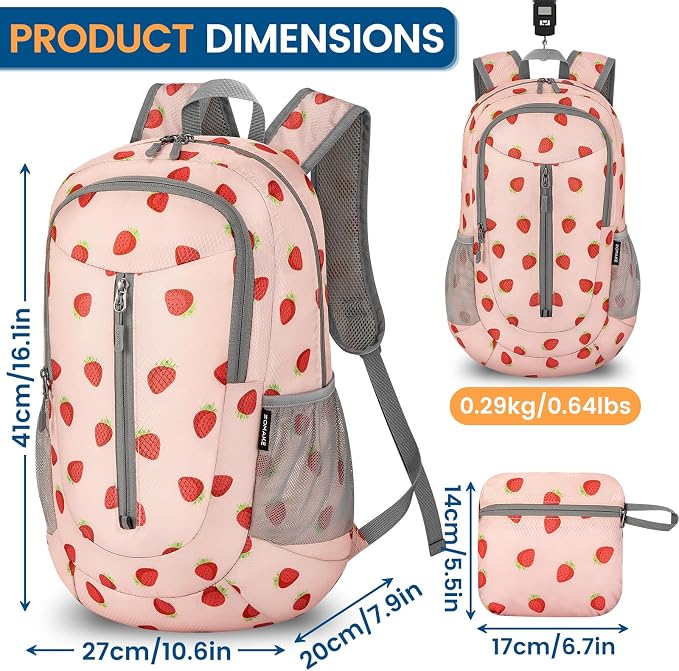 ZOMAKE Lightweight Packable Backpack 25L, Foldable Hiking Daypack | Water Resistant Small Folding Backpacks for Travel, Everyday Carry, Multi-Pocket Layout, Breathable Shoulder Strap