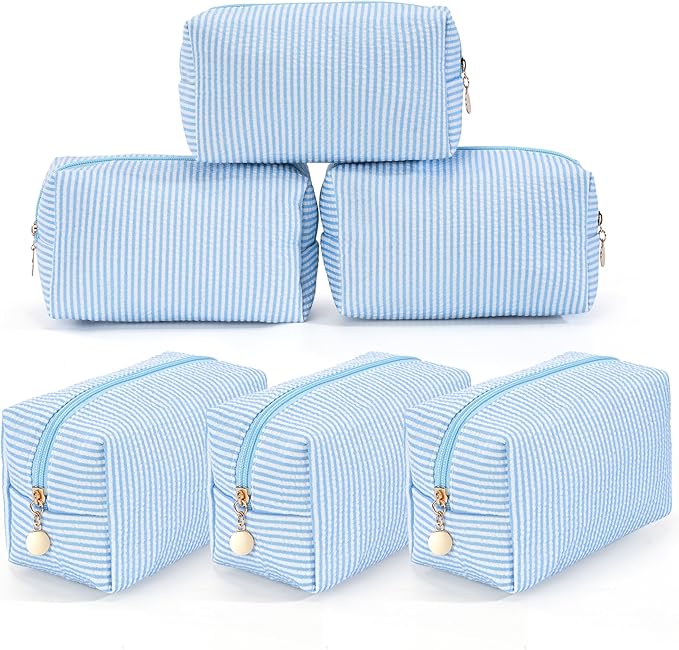 6PCS Makeup Bag Travel Toiletry Bag for Women, Small Cosmetic Bags Cute Blue Stripe Aesthetic Organizer Makeup Pouch for Purse Emergency Bag Pencil Case Accessory Bag