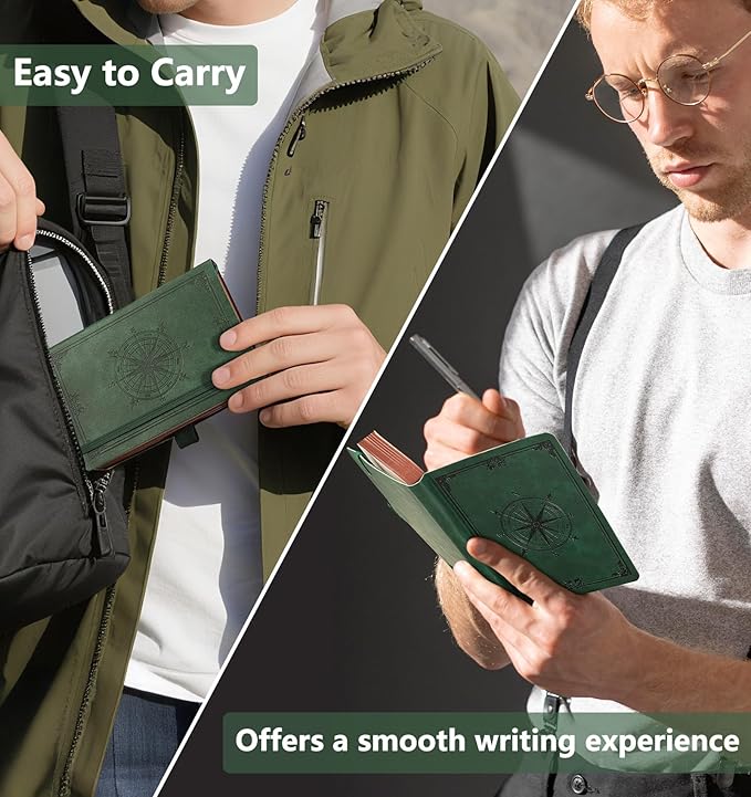 AHGXG Small Lined Pocket Journal Notebook for Men - 256 Numbered Pages College Ruled B6 Mini Journal, Vintage Soft Leather Hardcover, 80gsm Paper, for Women Work Office School, 4.1'' X 5.7''- Dark Green