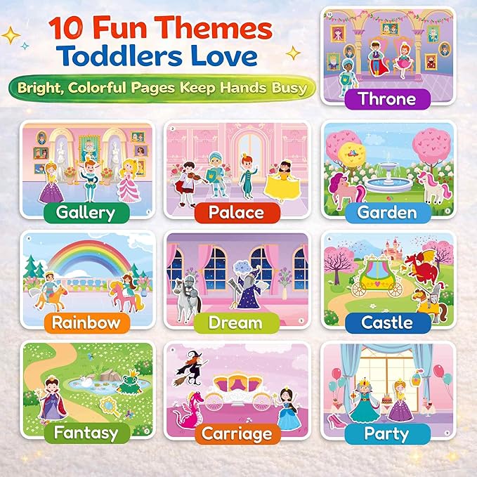 QUOKKA Jelly Sticker Books for Toddlers 1-3, 10 Fairy Tale Themes Unicorn Princess Mermaid, 40+ Large Thick Reusable Stickers, Waterproof Washable Toddler Activity Busy Book, Travel Toy