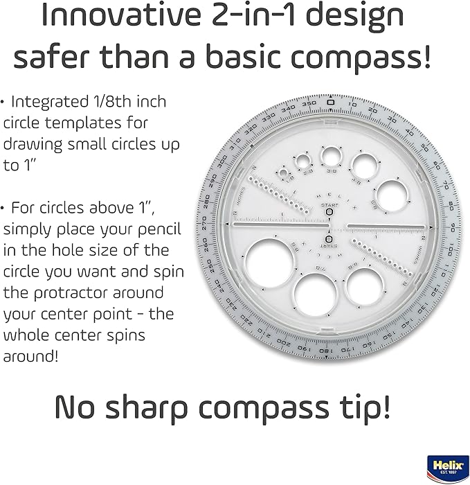Helix Geometry Tool Set – Locking Compass, Protractor, and 360° Angle & Circle Maker with Integrated Templates – Precision Drawing & Measuring Kit for Students and Professionals