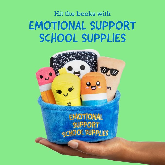 Emotional Support School Supplies Plush by Relatable - Cute Stuffed Animals and Squishy Toys, Fun Back to School Gifts for All Ages and Teacher Gifts - Includes 5 Plushies with Carrying Basket
