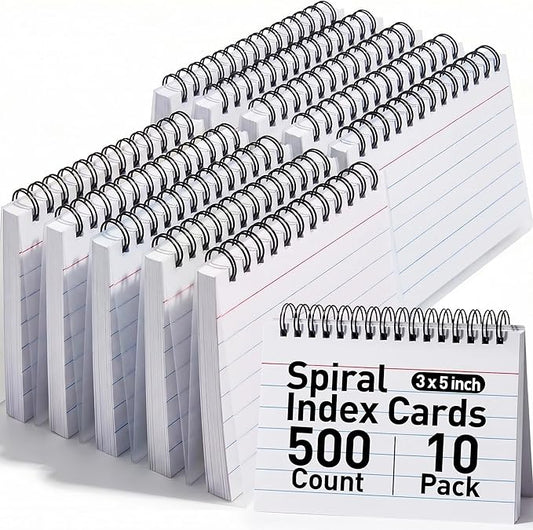 Koogel 500PCS 3x5 Index Cards, Spiral Index Cards with Ring for Studying, Flashcards Bulk Heavy Notecards with Waterproof Covers for School College Note Taking and To Do List Supplies, White
