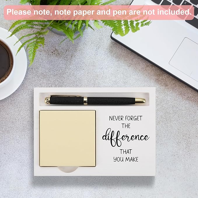 Inspirational Desk Note Holder with Never Forget The Difference That You Make Quote, White Wood Sticky Note Tray Gift for Coworkers, Teachers, Nurses, Employees, Women Men Office Decor - FTB317