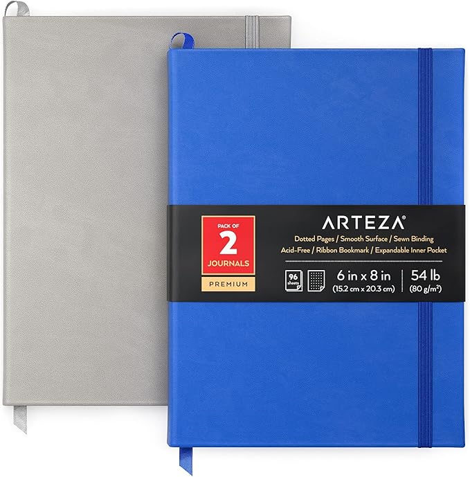ARTEZA Dotted Journals, Pack of 2, 6x8 Inches, 96 Sheets, Cobalt Blue and Gray, Hardcover Notebooks with Smooth Paper