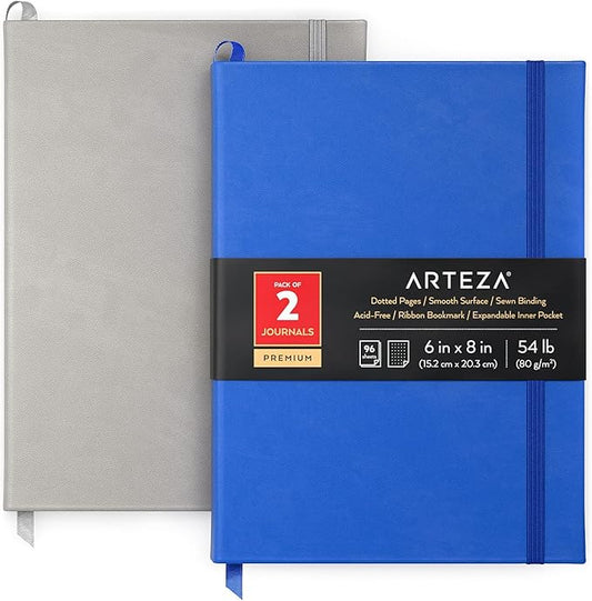 ARTEZA Dotted Journals, Pack of 2, 6x8 Inches, 96 Sheets, Cobalt Blue and Gray, Hardcover Notebooks with Smooth Paper