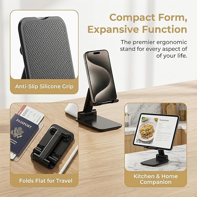 Phone Holder for Desk, MT-6 Cell Phone Stand for Desk Universal Cellphone Stand Holder Foldable & Height Adjustable Compatible Under 8” Device, with Silicone Mat, Black