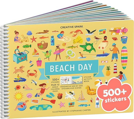 Beach Day 500+ Kids Sticker Book by Cupkin Fun Toddler Travel Activity Coloring and Sticker Book, Road Trip Essentials, 12 Coloring Pages 12 Side by Side Scenes for Ages 2–8 Years
