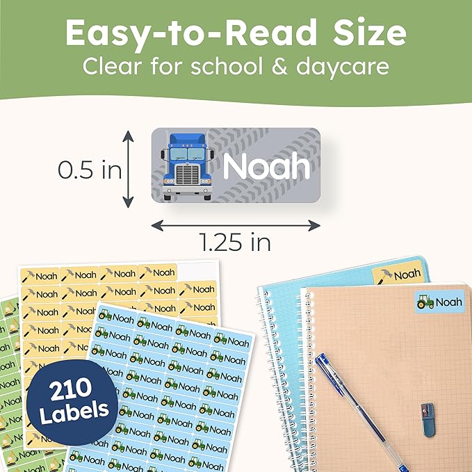 Personalized Name Labels for Kids (210 Labels) - Durable & Waterproof Custom Name Stickers for Clothing Tags, School Supplies, Camp & Daycare - Heavy Duty (1.2”x0.5”)