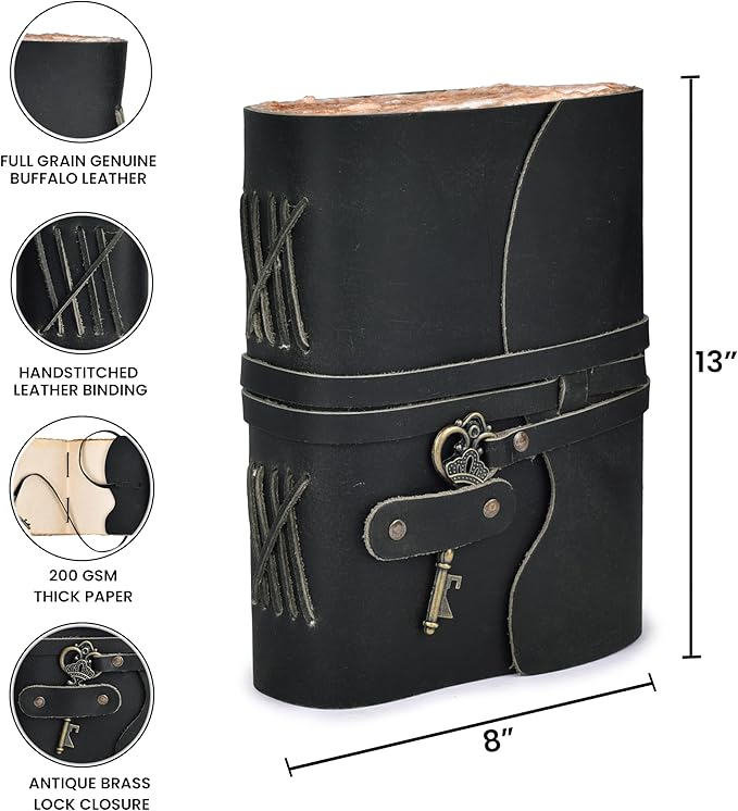 LEATHER VILLAGE Vintage Leather Journal – 200 Handmade Vintage Deckle Edge Paper – Leather bound Journal For Women Men – Vintage Key Closure - Book of Shadows - Black - 13X8 inch