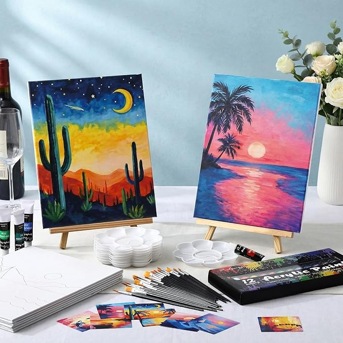 Cholemy 36 Pcs Paint and Sip Kit for Adults 8''x10'' Pre Drawn Canvas for Painting DIY Afro Acrylic Painting Kit Wood Easel Brushes Date Night Bulk for Mother's Day Party Gifts