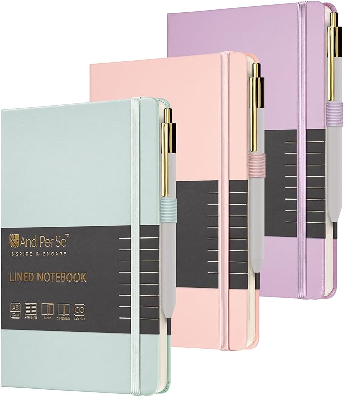 &And Per Se Lined Journal and Pen Set (3 Packs), A5 Leather Hardcover Notebook with Pen & Stationary Set, 160 Pages 100GSM Thick Ruled Paper Journal for Business Work Writing (Pink-Purple-Cyan)