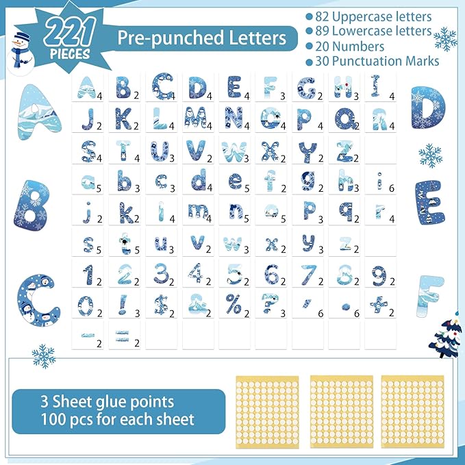 221 Pcs Winter Bulletin Board Letters Blue Round Alphabet Number Punctuation Symbol Combo Letter Cutouts Snowflake Classroom Decoration for Winter School Chalkboard Poster Board