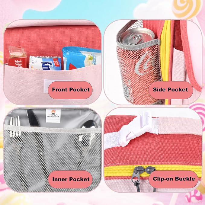 CaCTOUR Lunch Box Kids,Fun Color Lunch Box for Girls,Large Soft Cooler Lunch Bag for Kids,Back to School Thermal Insulated Lunch Tote Bag for School Daycare Outdoor (Pink Red)