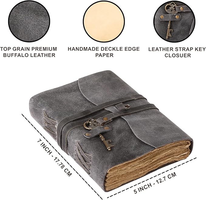 Leather Journal with Deckle Edge Paper 8x6 inch and Vintage Key | Handmade Writing Notebook Diary | Bound Daily Notepad for Men & Women Medium, Sketch/Writing pad for Artists