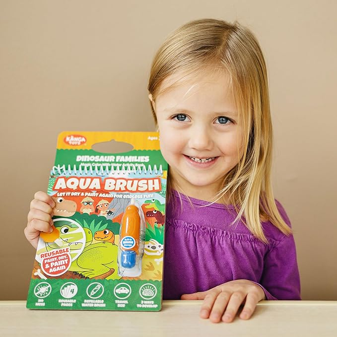 Dinosaur Families Aqua Brush Activity Book - Reusable Water Coloring, Travel-Friendly Fun for Kids