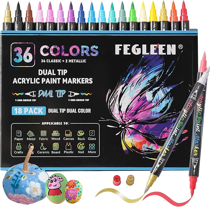 36 Colors Acrylic Paint Markers,18 Pack Dual-Color Acrylic Paint Pens with Brush Tip Contain 2 Metallic Colors for Rock Painting,Egg,Wood,Glass,Canvas,Fabric,Ceramic,Crafts,Art Supplies (36 Colors)