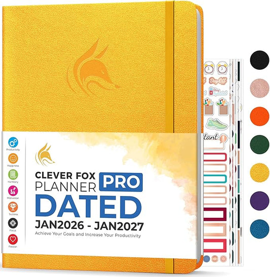 Clever Fox Planner PRO Dated (Jan 2026–Jan 2027) Weekly & Monthly Life Planner to Increase Productivity, Time Management and Hit Your Goals – Organizer, Gratitude Journal – A4 Size (Amber Yellow)