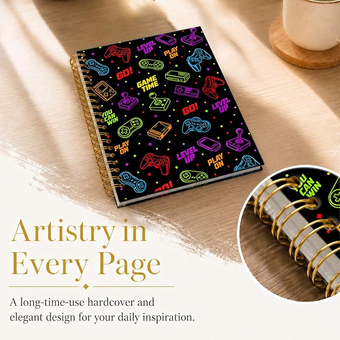 ATJFKIXL Cute Spiral Journal Notebook, A5 120 Page College Ruled Wirebound Notebook, Soft Cover for Students Office Notes and Planning - Black Gamer Icons