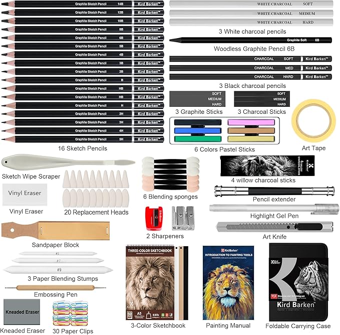 Kird Barken 112 PCS Professional Drawing Set Sketch Kit with 3-Color Sketchbook, Graphite & Charcoal Pencils,Sketching Supplies for Shading & Blending – Ideal for Artists, Adults, Teens & Beginners